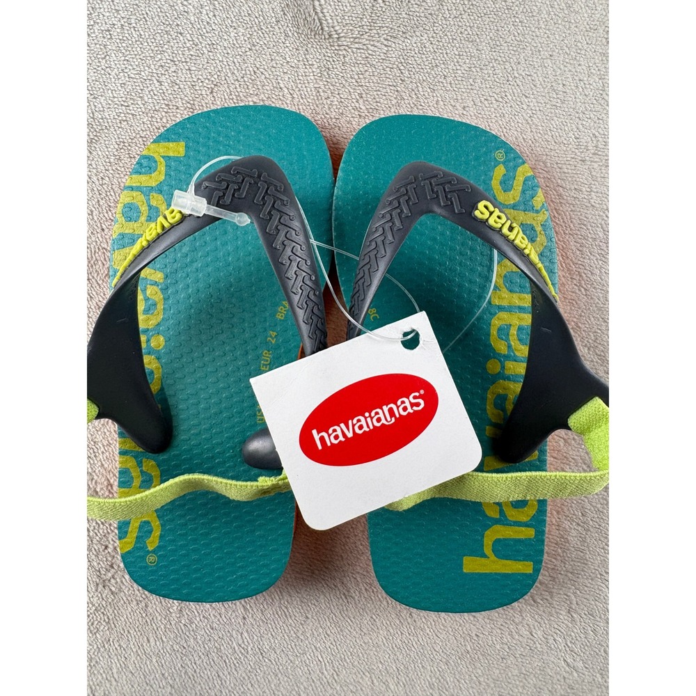 Havaianas Baby Flip Flop Sandals Teal Orange Lime Green Elastic Strap Size 8C